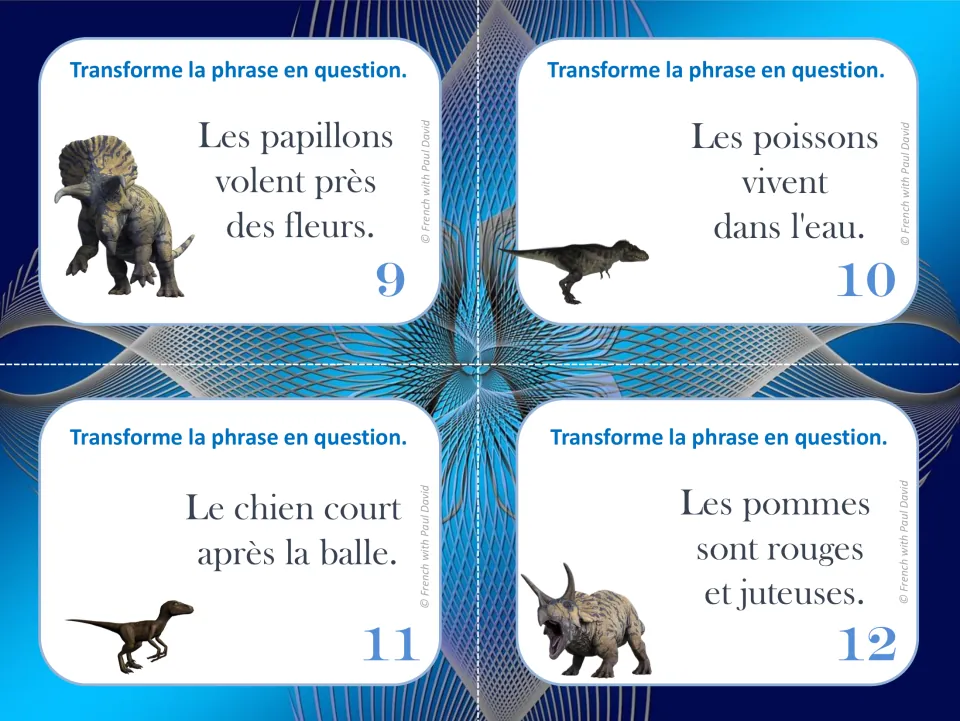 French task cards 9–12: turn statements about butterflies, fish, a dog, and red apples into questions