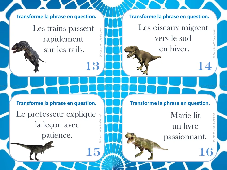 French task cards 13–16: turn statements about trains, migrating birds, a teacher, and Marie into questions