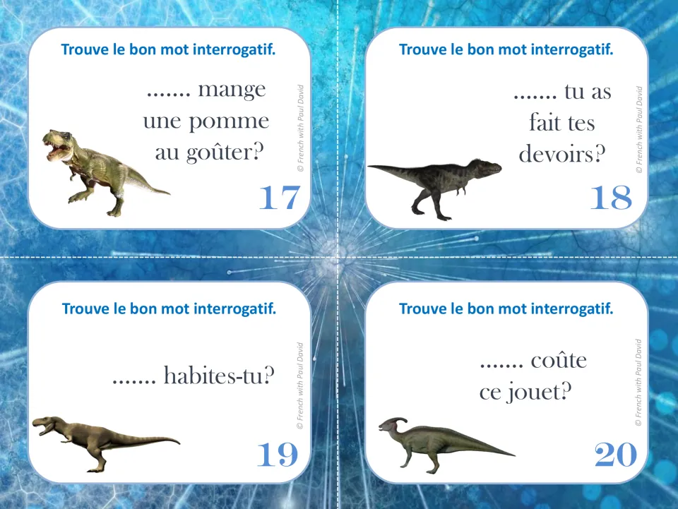 French task cards 17–20: choose question words for prompts about eating an apple, homework, home, and toy cost