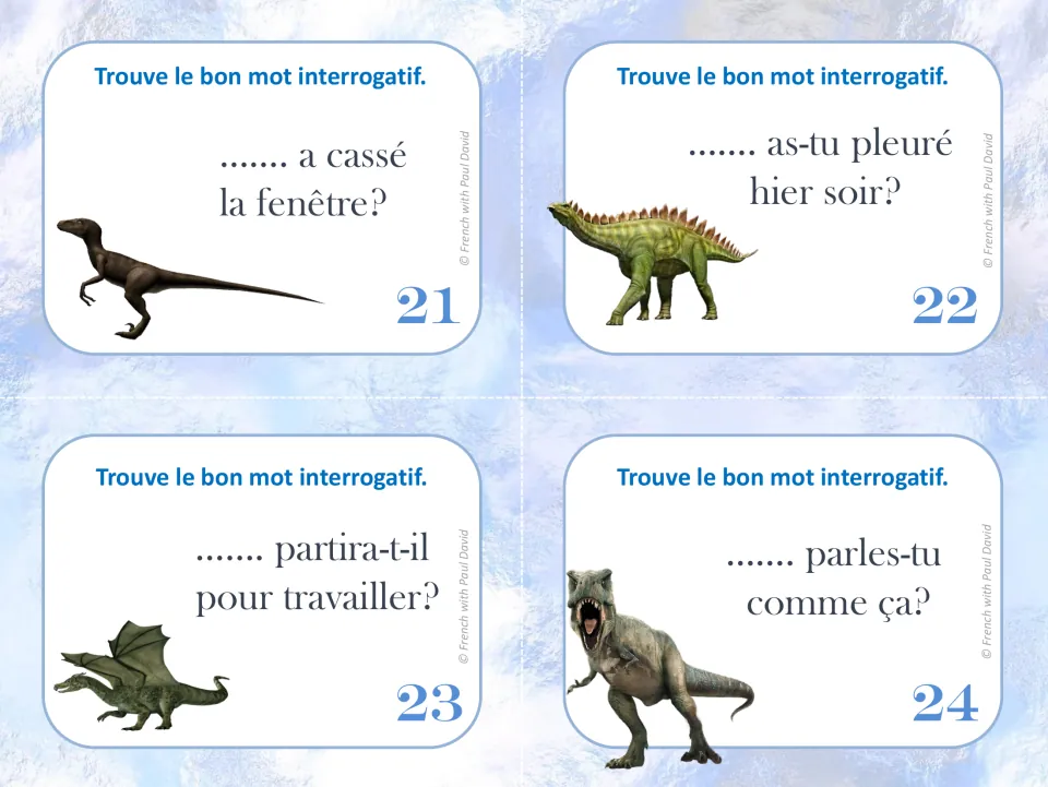 French task cards 21–24: choose question words about a broken window, crying, leaving for work, and speaking