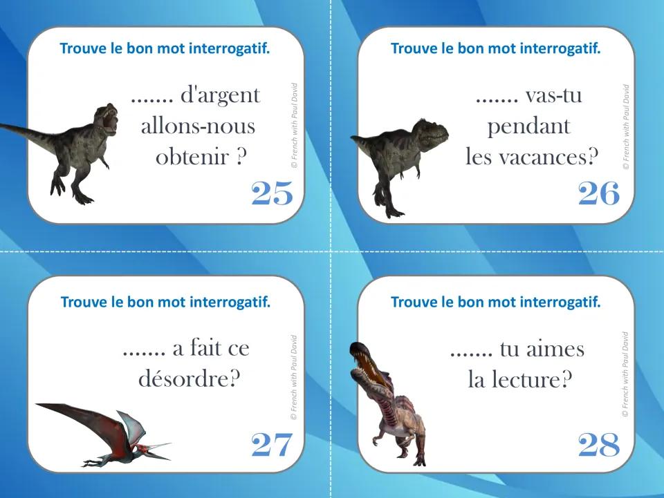 French task cards 25–28: choose question words for prompts about money, vacation plans, a mess, and reading
