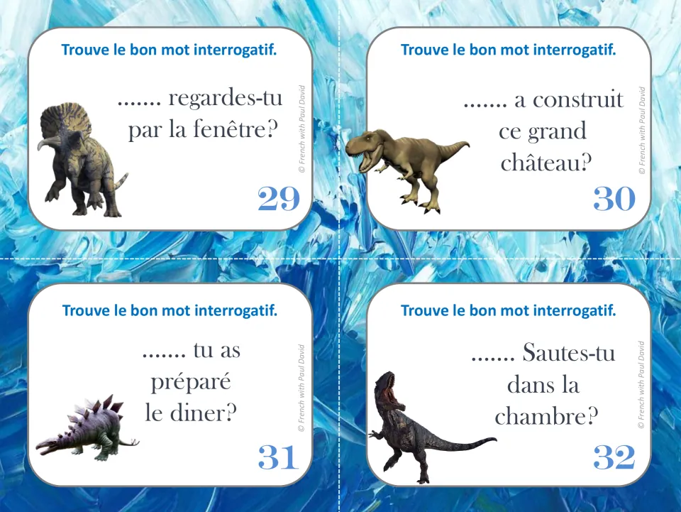 French task cards 29–32: choose question words about looking outside, building a castle, dinner, and jumping