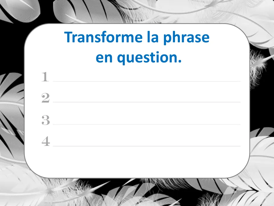 French response sheet for task cards 1–4, with numbered spaces to write statements transformed into questions