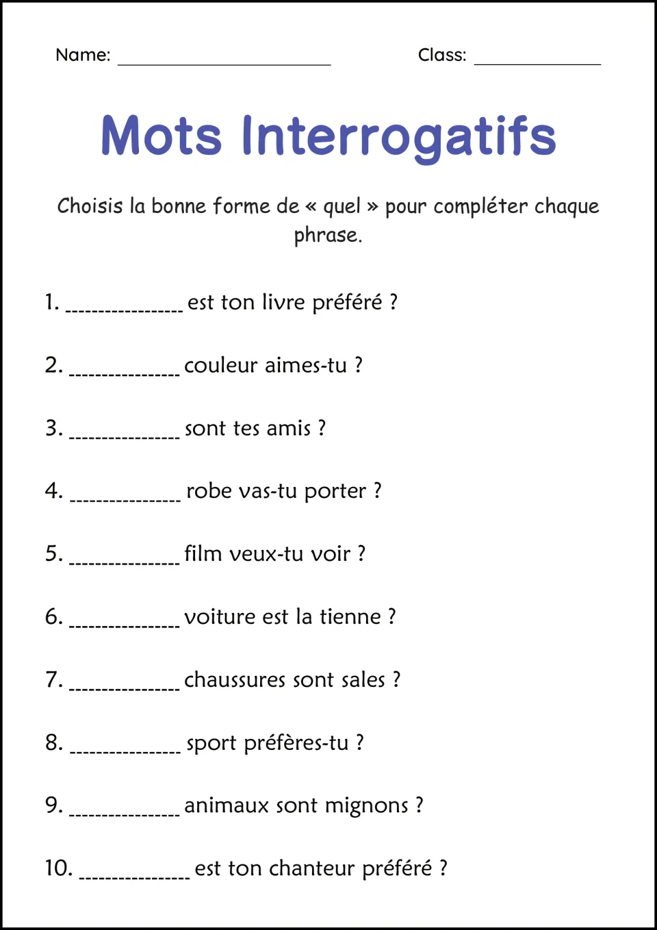 French question-word practice: 10 sentences using forms of quel (which) about books, colors, friends, and more