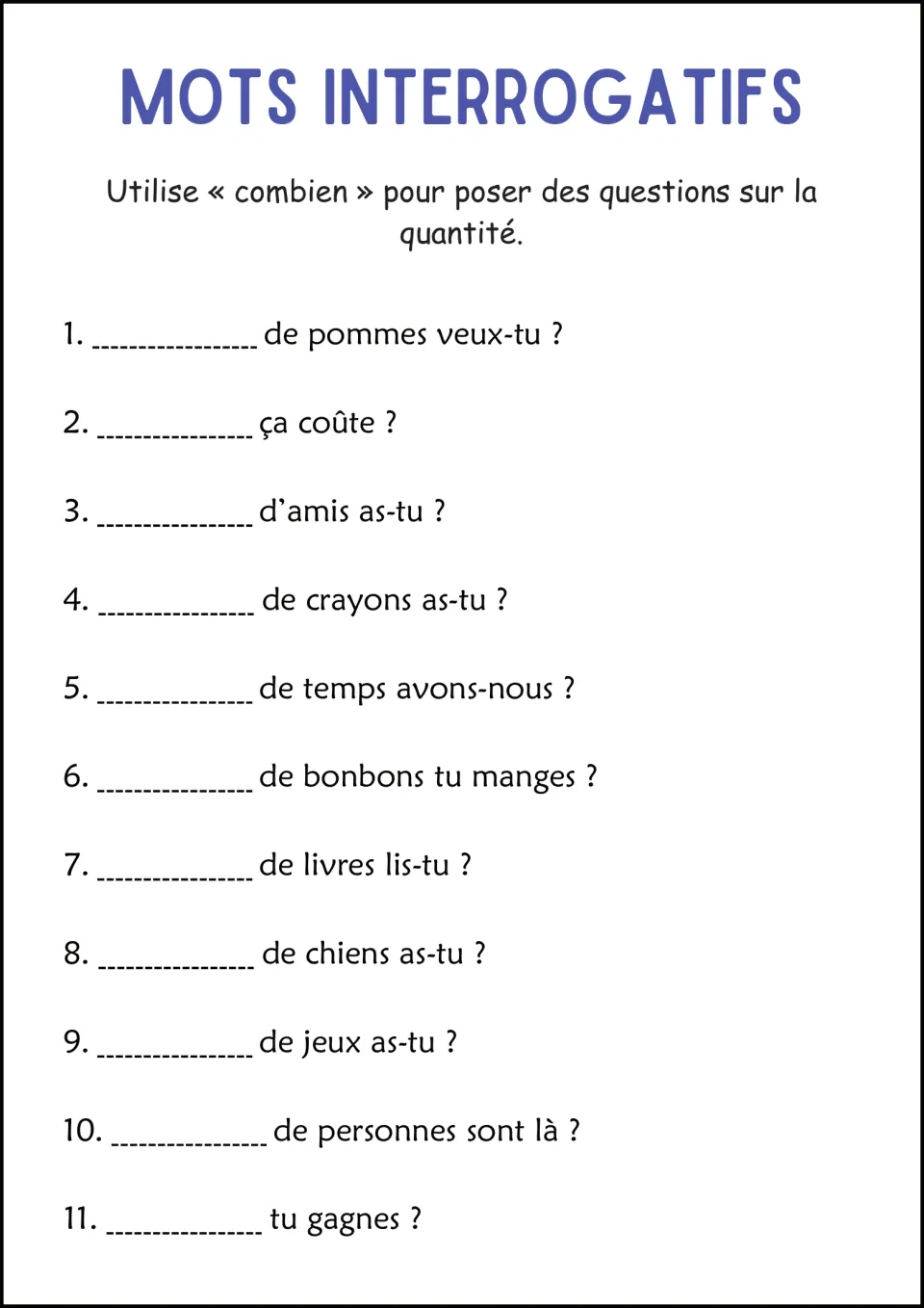 French question-word practice: 11 sentences using combien (how much or how many) about apples, cost, and more