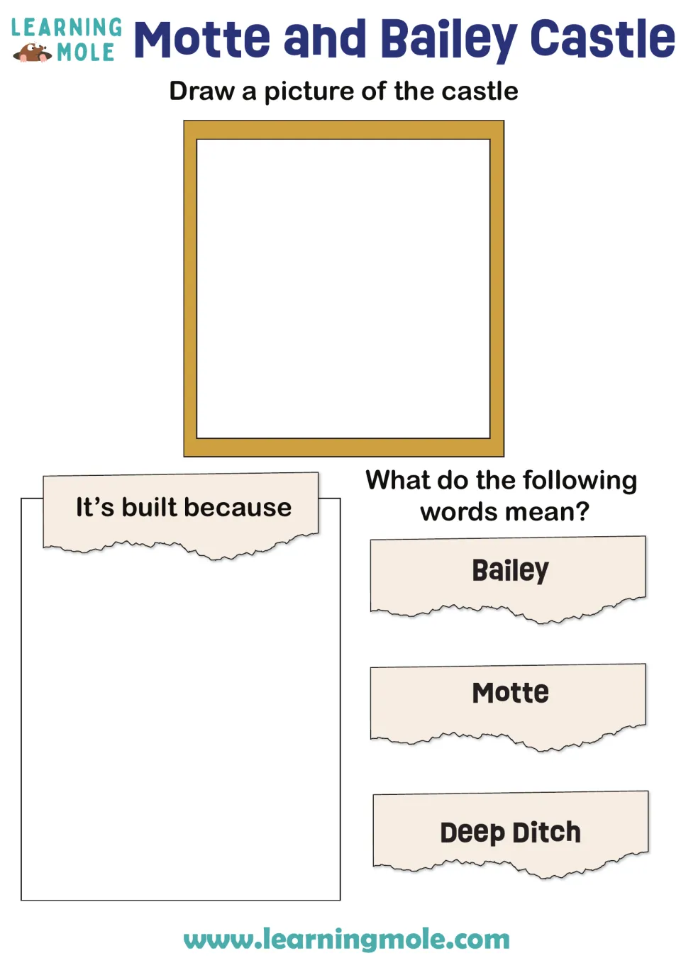 Motte and bailey castles: students draw the castle, explain why it was built and define bailey, motte and deep ditch