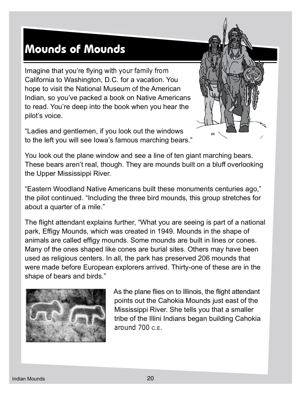 Reading passage 'Mounds of Mounds' part 1: flying past Iowa's marching bear effigy mounds to Cahokia in Illinois