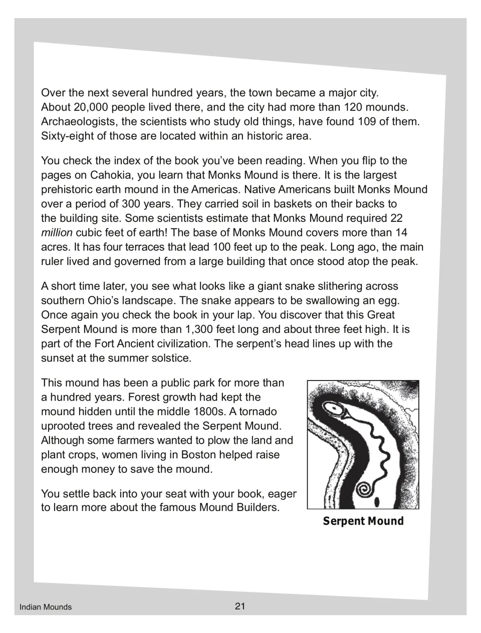 Reading passage part 2: Monks Mound at Cahokia and Ohio's 1,300-foot Great Serpent Mound, shown in a drawing