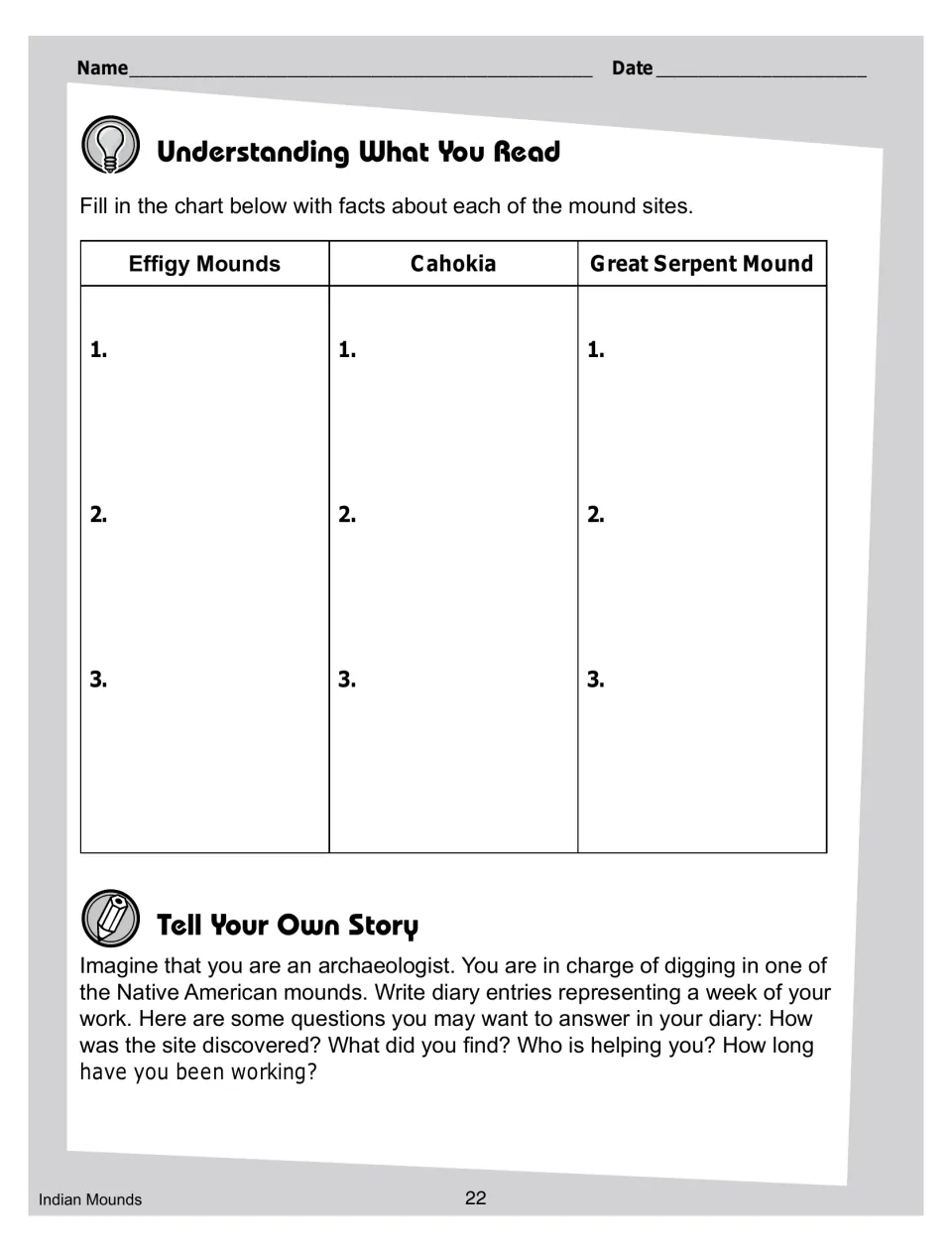 Fact chart for Effigy Mounds, Cahokia and Great Serpent Mound, plus an archaeologist diary writing prompt