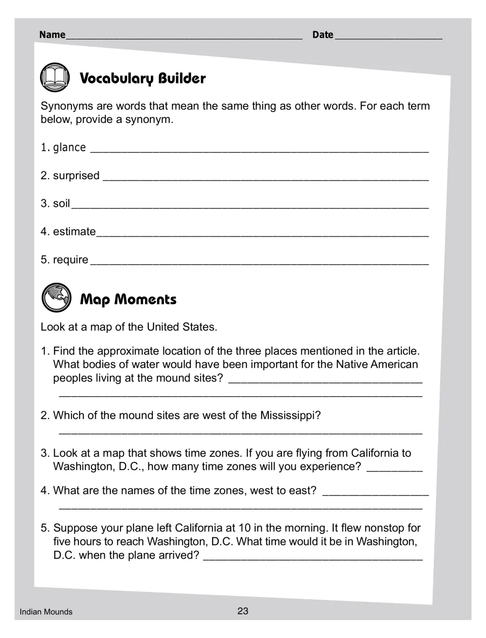 Vocabulary synonyms for glance, surprised, soil, estimate and require, plus five U.S. map and time zone questions