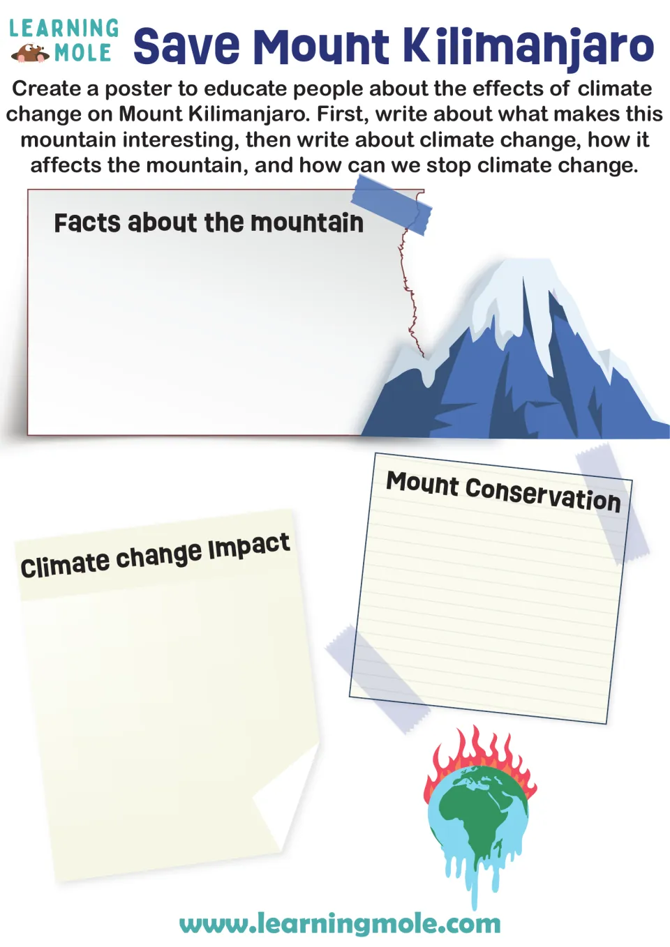 Save Mount Kilimanjaro poster: students write mountain facts, climate change impact and conservation ideas