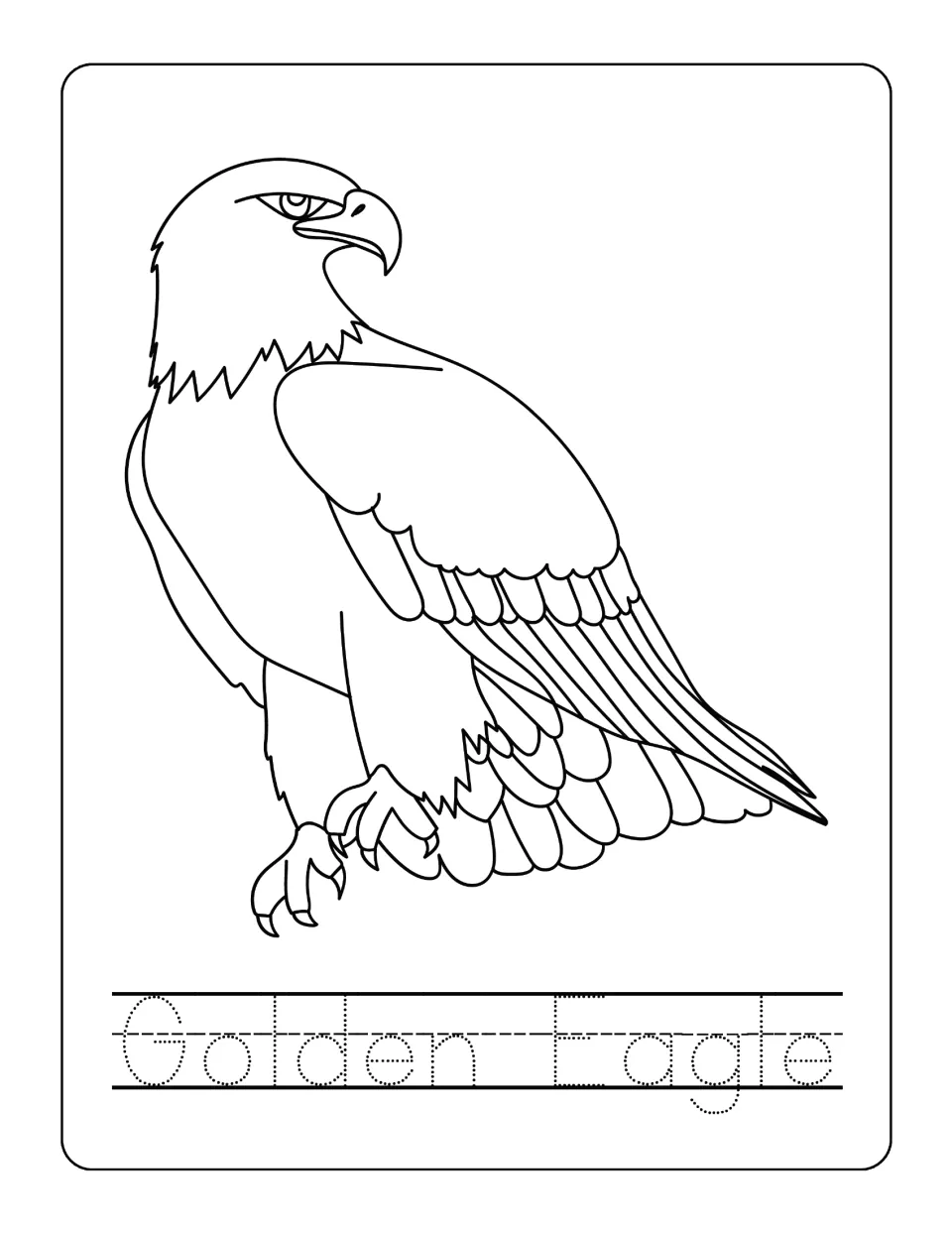 Perched bird of prey with talons out, ready to color, followed by tracing the two-word label Golden Eagle in dots