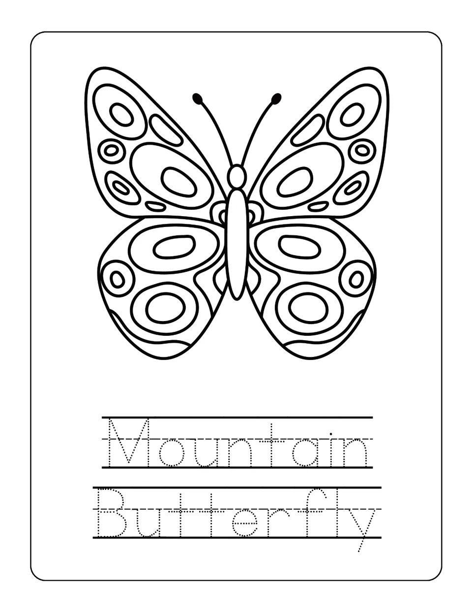 Winged insect with patterned oval wing spots to color; students trace Mountain Butterfly across two dotted writing lines