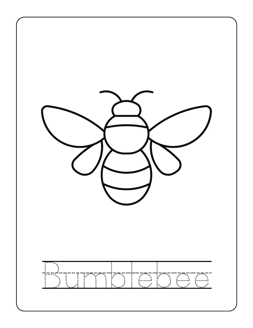 Bumblebee drawing with a striped body and four rounded wings to color, then tracing the dotted letters of its name