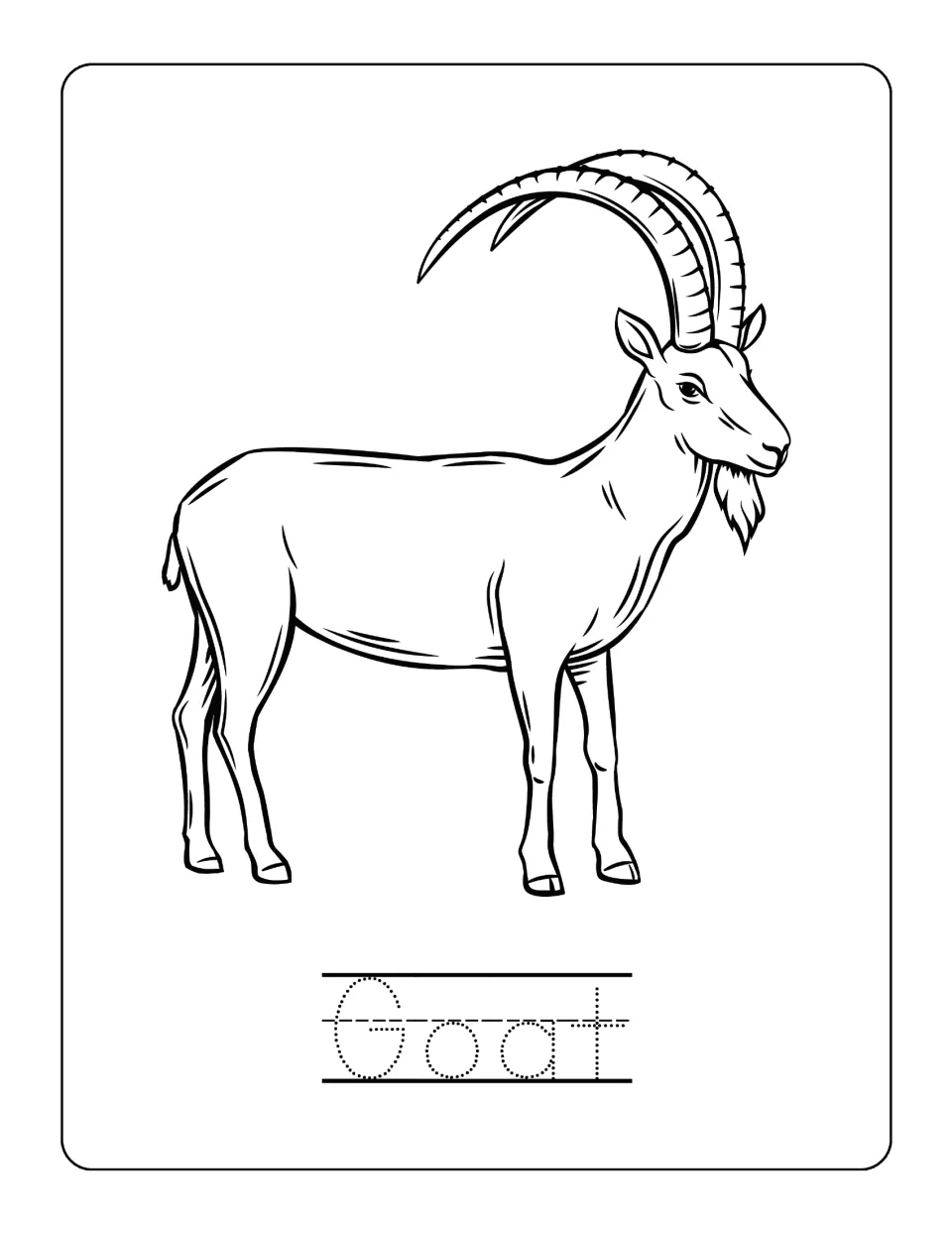 Goat page: students color an outline of a wild goat with long curved horns and a beard, then trace the dotted word Goat