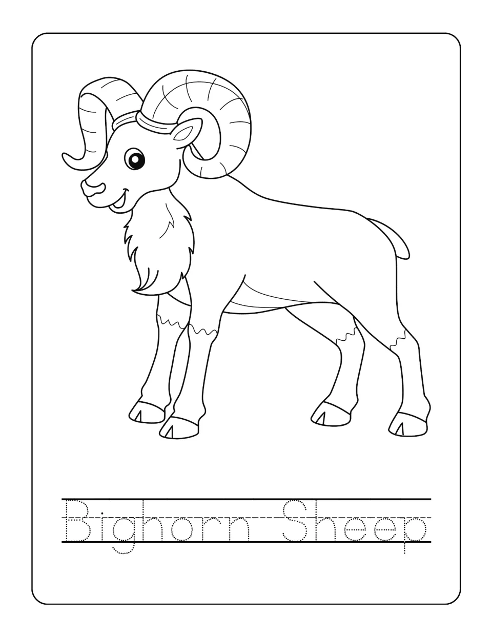 Bighorn sheep page: learners color a smiling cartoon ram with large curled horns, then trace the dotted name Bighorn Sheep