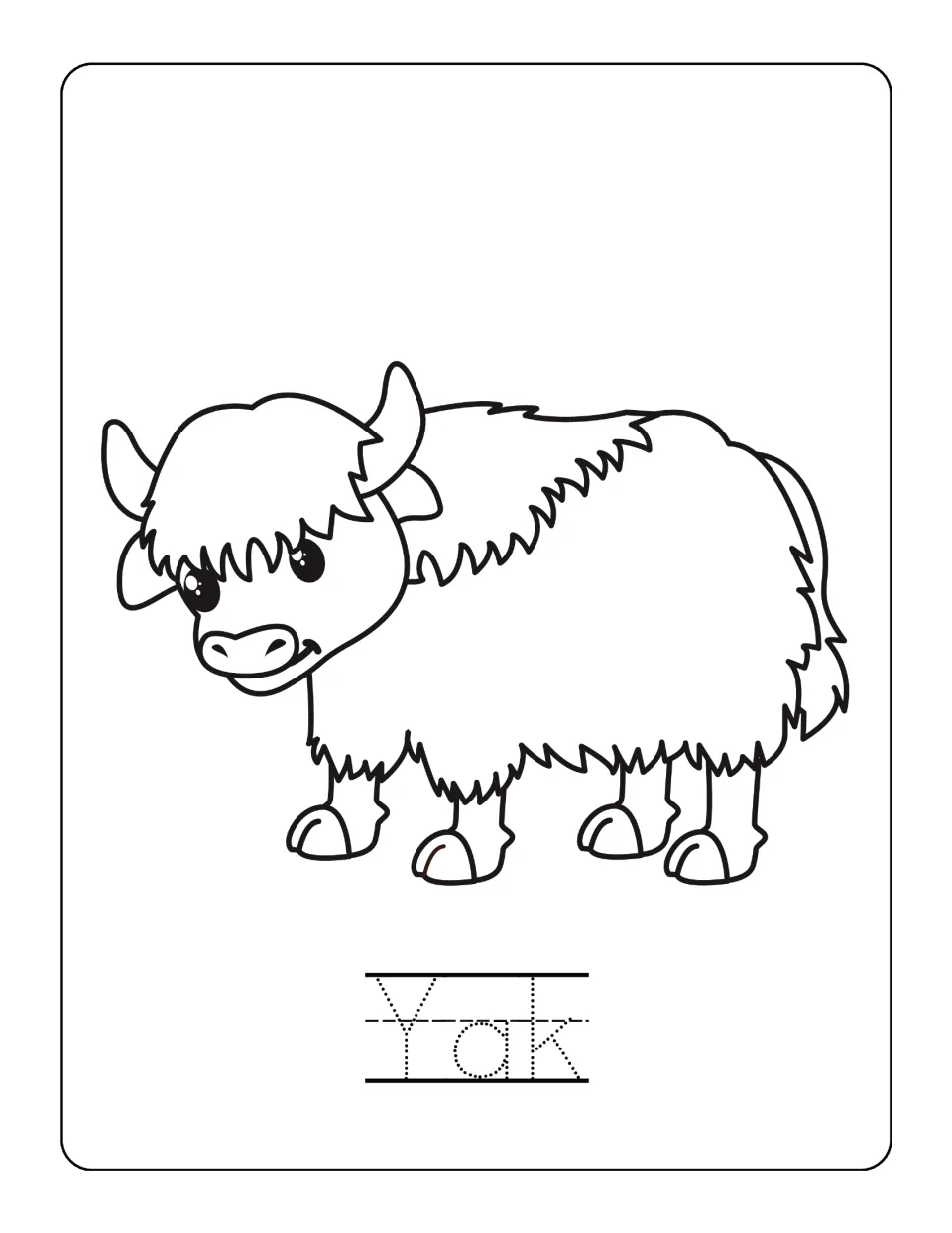 Yak page: students color a shaggy cartoon yak with small horns and big eyes, then trace the dotted three-letter word Yak