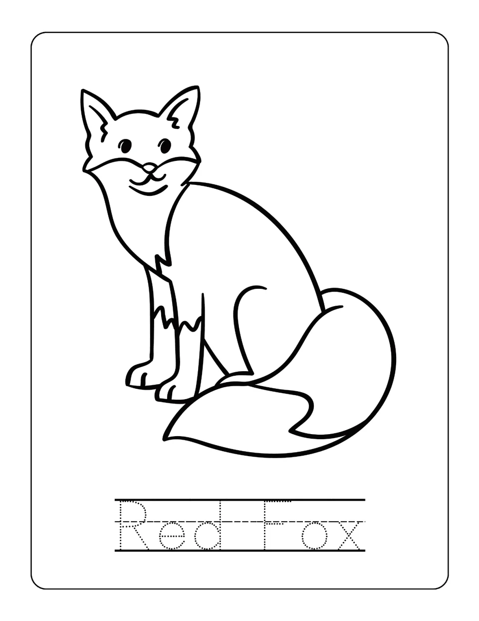 Red fox page: students color a sitting fox with pointed ears and a bushy tail, then trace the dotted words Red Fox