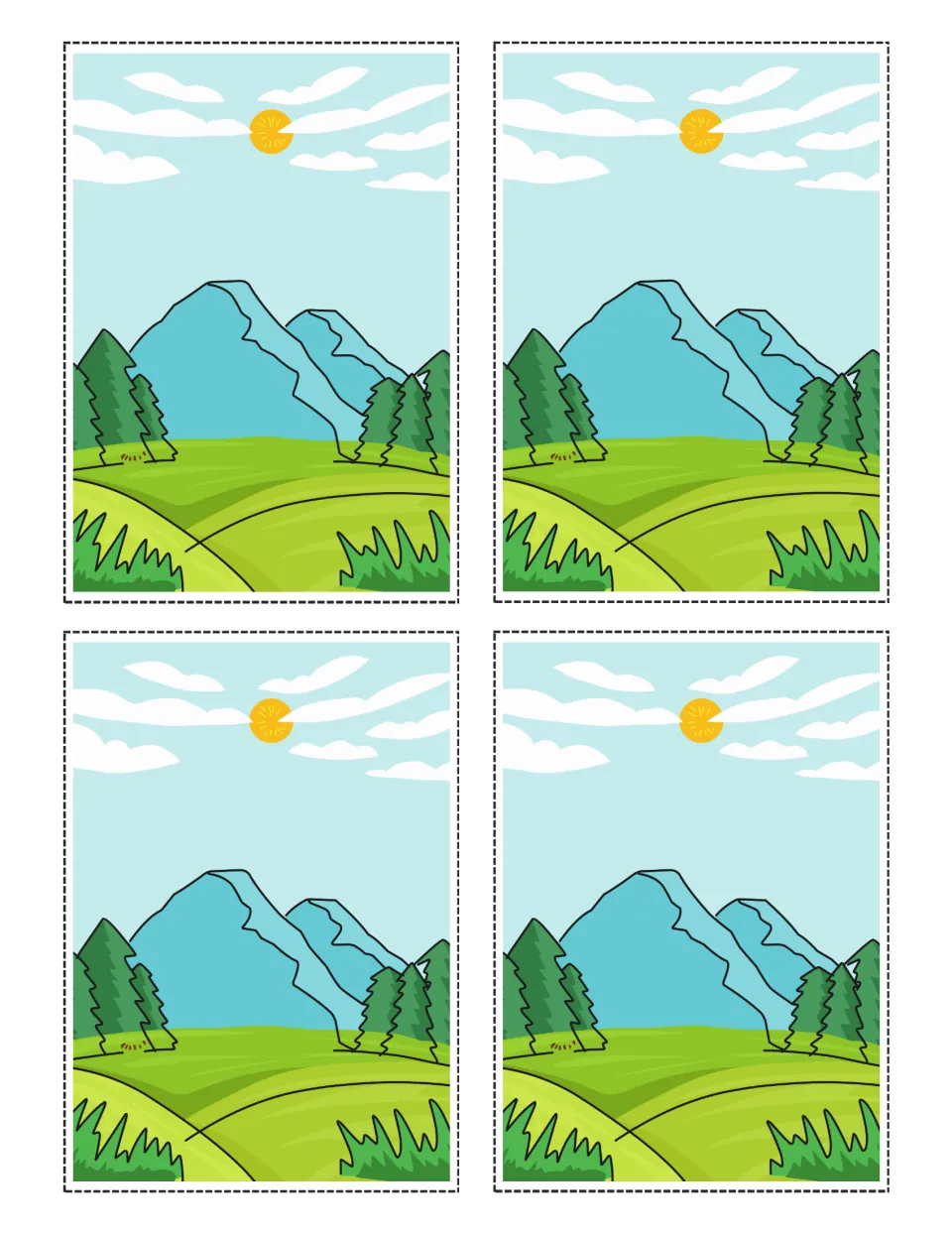 Four matching mountain scene cards for the flashlight reveal activity, showing mountains, trees and hills