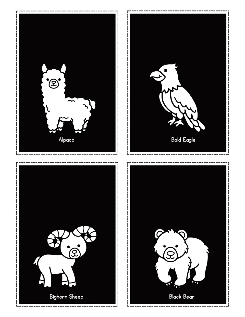 Mountain animal flashlight cards labeled Alpaca, Bald Eagle, Bighorn Sheep and Black Bear, with pictures