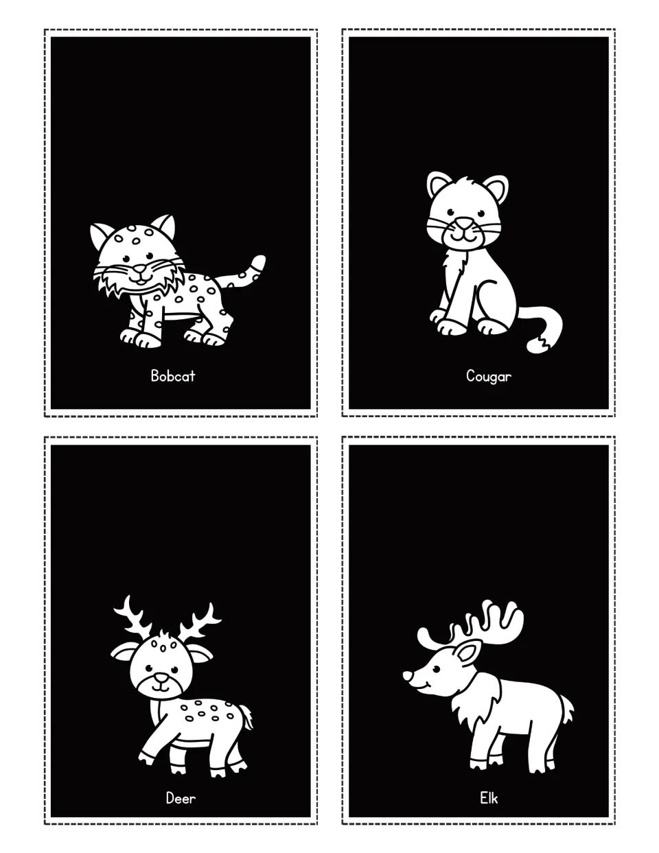 Mountain animal flashlight cards labeled Bobcat, Cougar, Deer and Elk, each paired with an animal picture