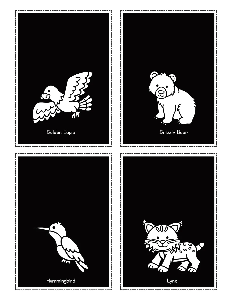 Mountain animal flashlight cards labeled Golden Eagle, Grizzly Bear, Hummingbird and Lynx, with pictures