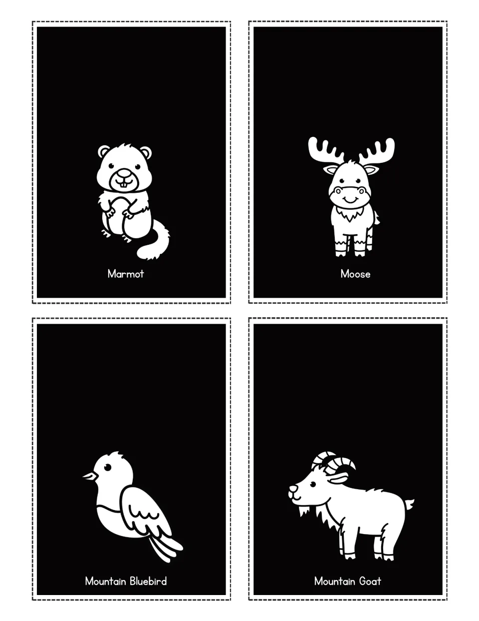 Mountain animal flashlight cards labeled Marmot, Moose, Mountain Bluebird and Mountain Goat, with pictures