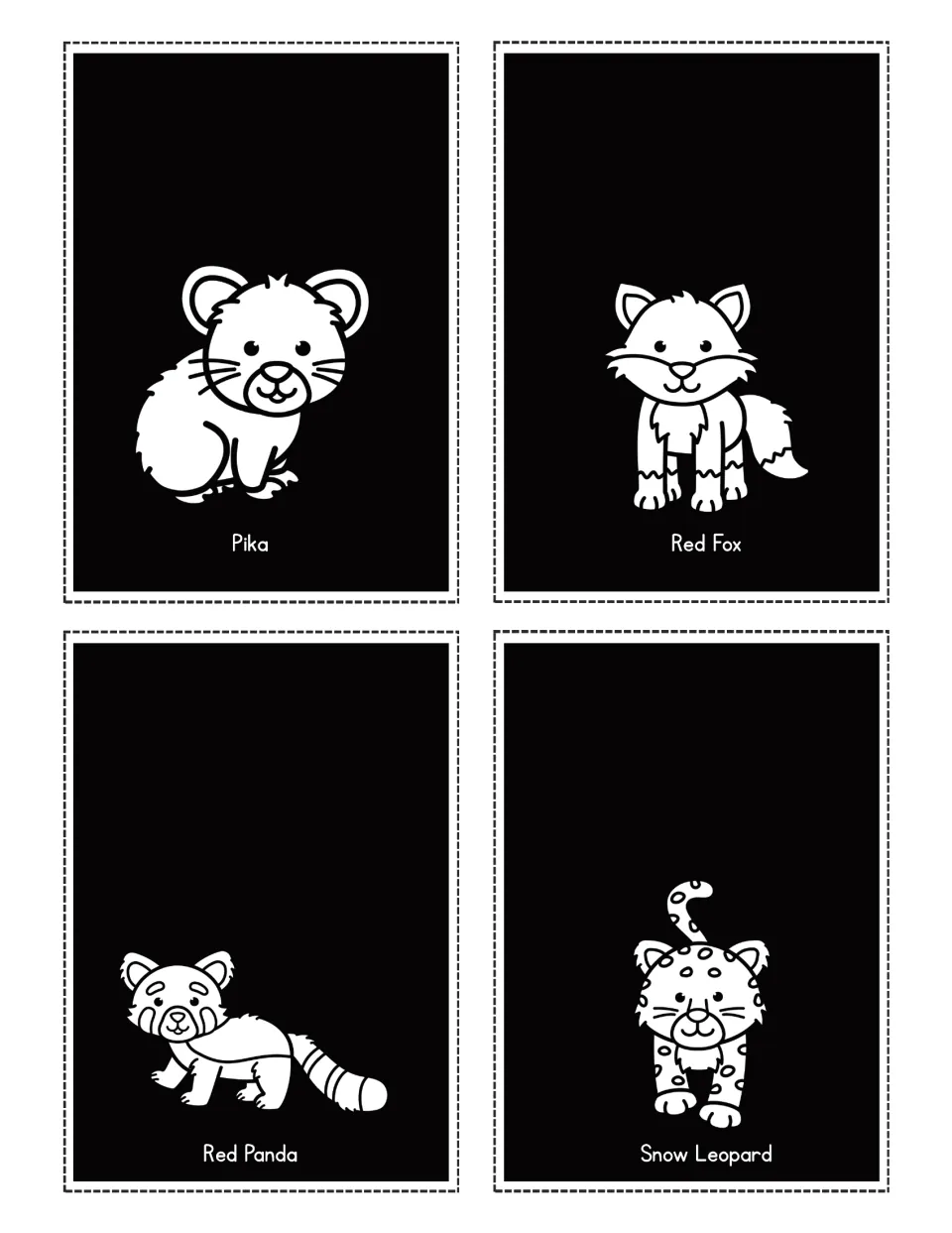 Mountain animal flashlight cards labeled Pika, Red Fox, Red Panda and Snow Leopard, with animal pictures