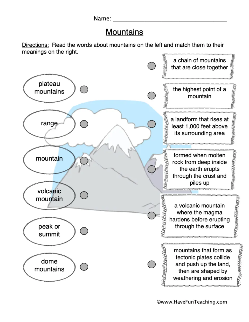Mountain vocabulary matching worksheet: plateau mountains, range, mountain, volcanic mountain, and two more terms.