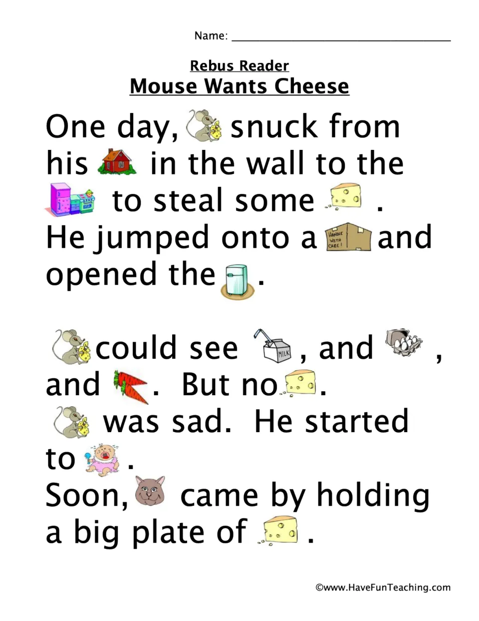 Rebus story opening: Mouse searches the refrigerator for cheese, finds none, and sees Cat carrying cheese.