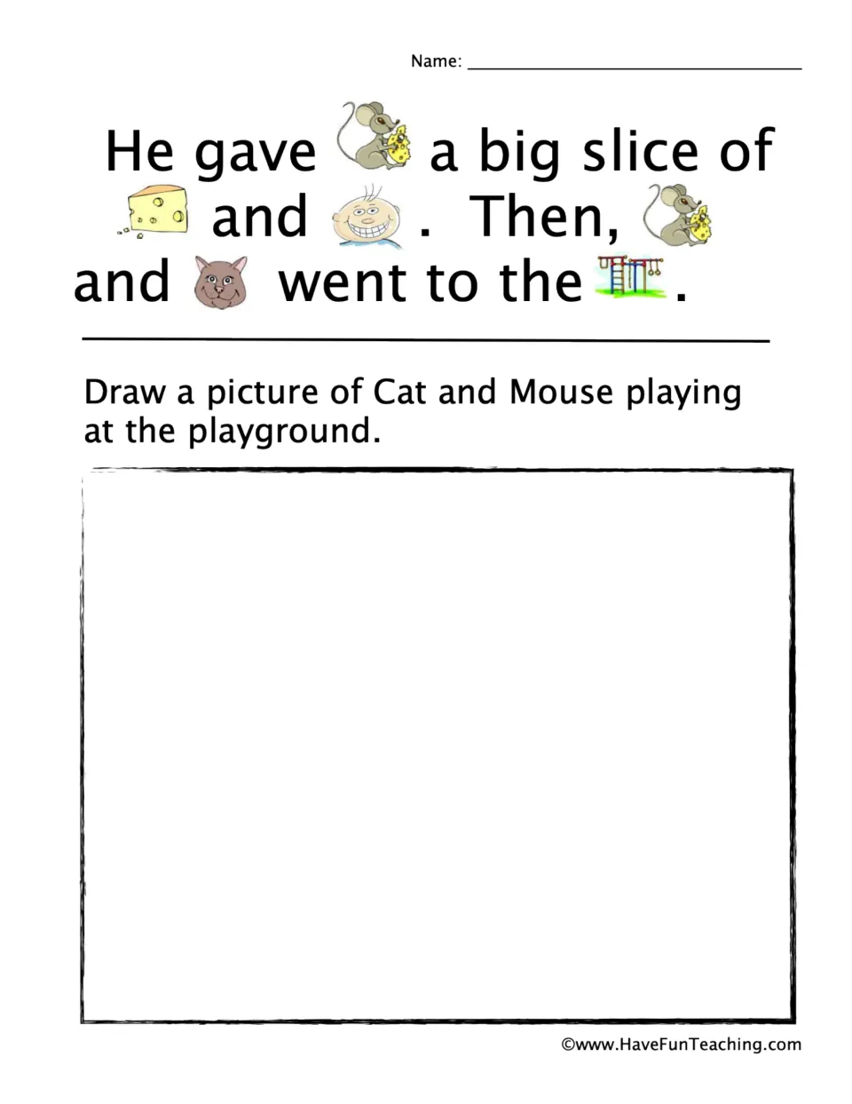 Rebus story ending: Cat shares cheese with Mouse, followed by a prompt to draw them at the playground.