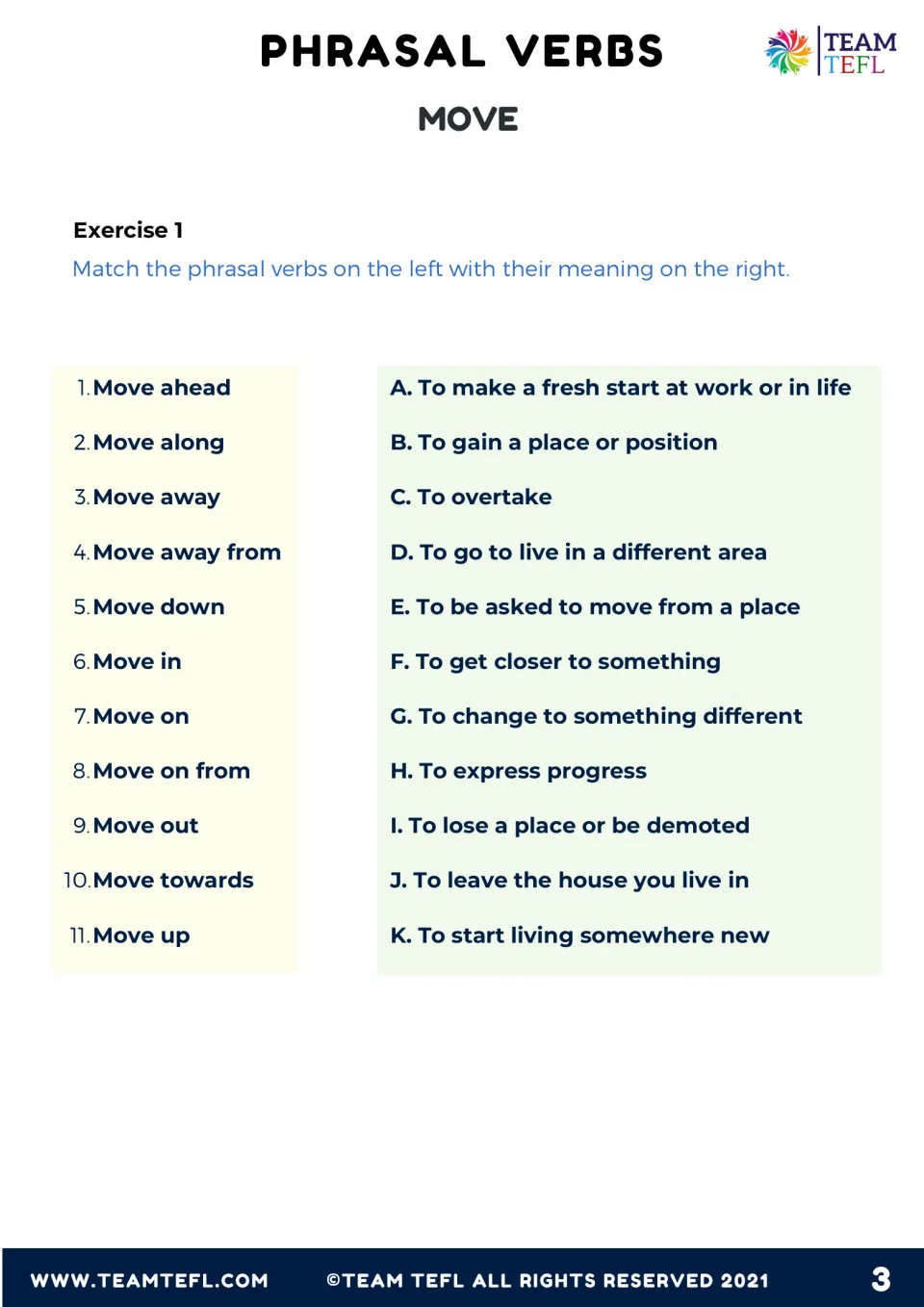 Exercise 1 matching: students pair 11 move phrasal verbs, ahead through up, with meanings A to K such as to overtake