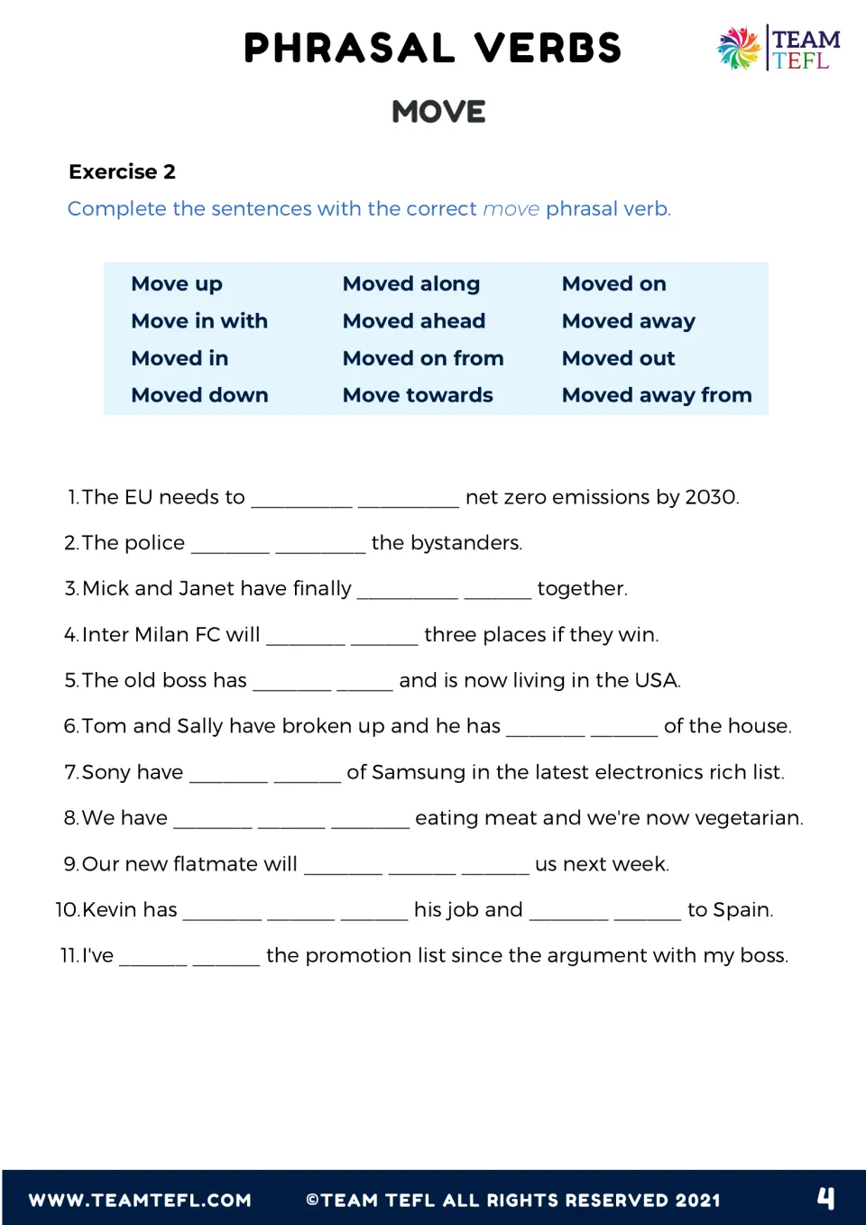 Exercise 2 gap fill: students complete 11 sentences with the correct move phrasal verb from a 12-item word bank