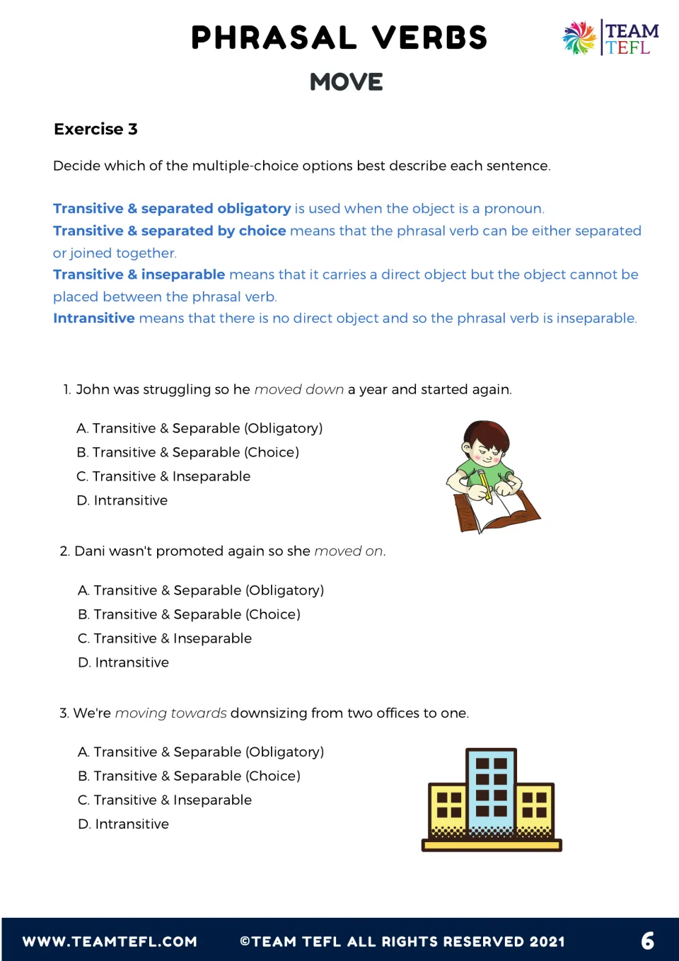 Exercise 3: students classify each phrasal verb in sentences 1-3 as transitive (separable or inseparable) or intransitive