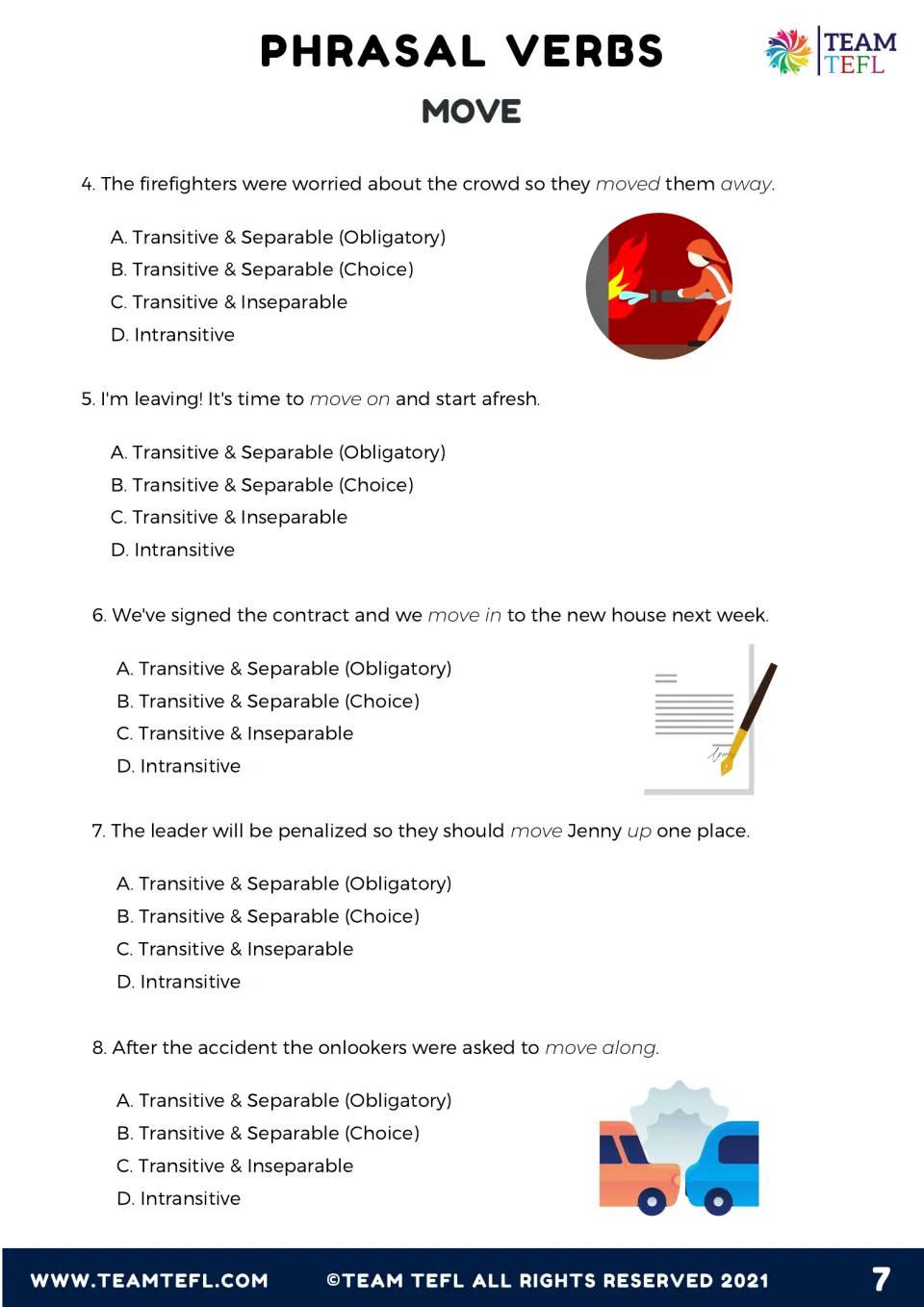 Exercise 3 continued: multiple-choice items 4 to 8 on whether each verb is separable, inseparable or intransitive
