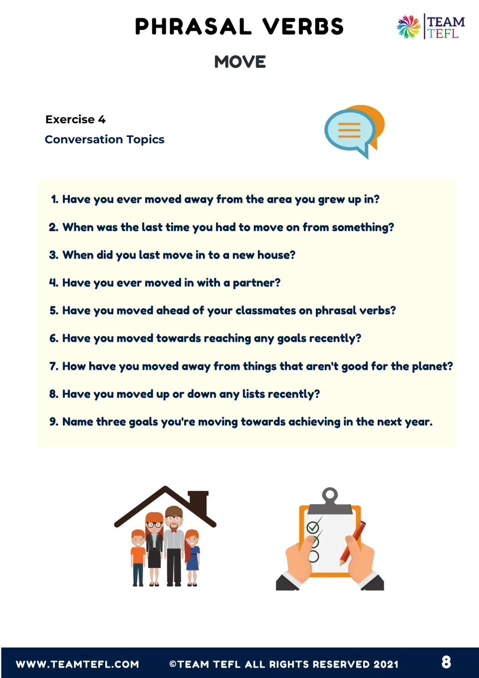 Exercise 4 conversation topics: nine speaking questions, such as whether students have moved away from where they grew up