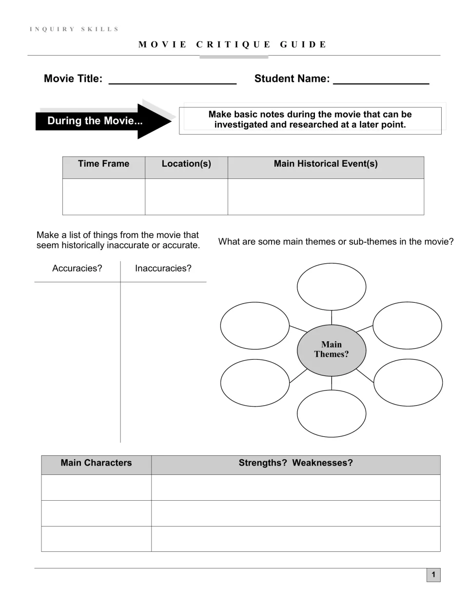 During-the-movie notes: students record time frame, locations, events, accuracies, main themes and character strengths