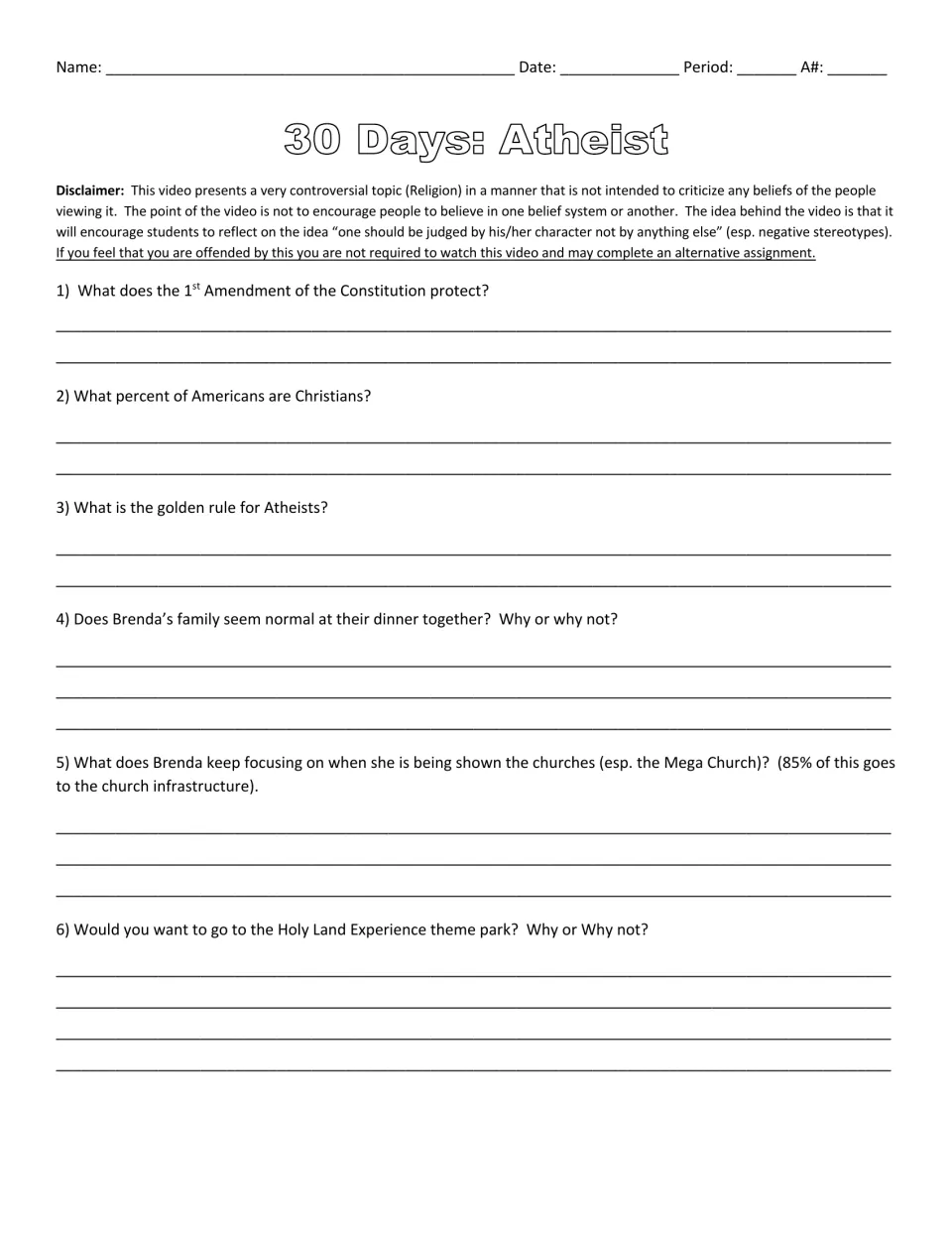 Movie guide questions 1–6 cover the First Amendment, Christian demographics, atheist ethics and Brenda.