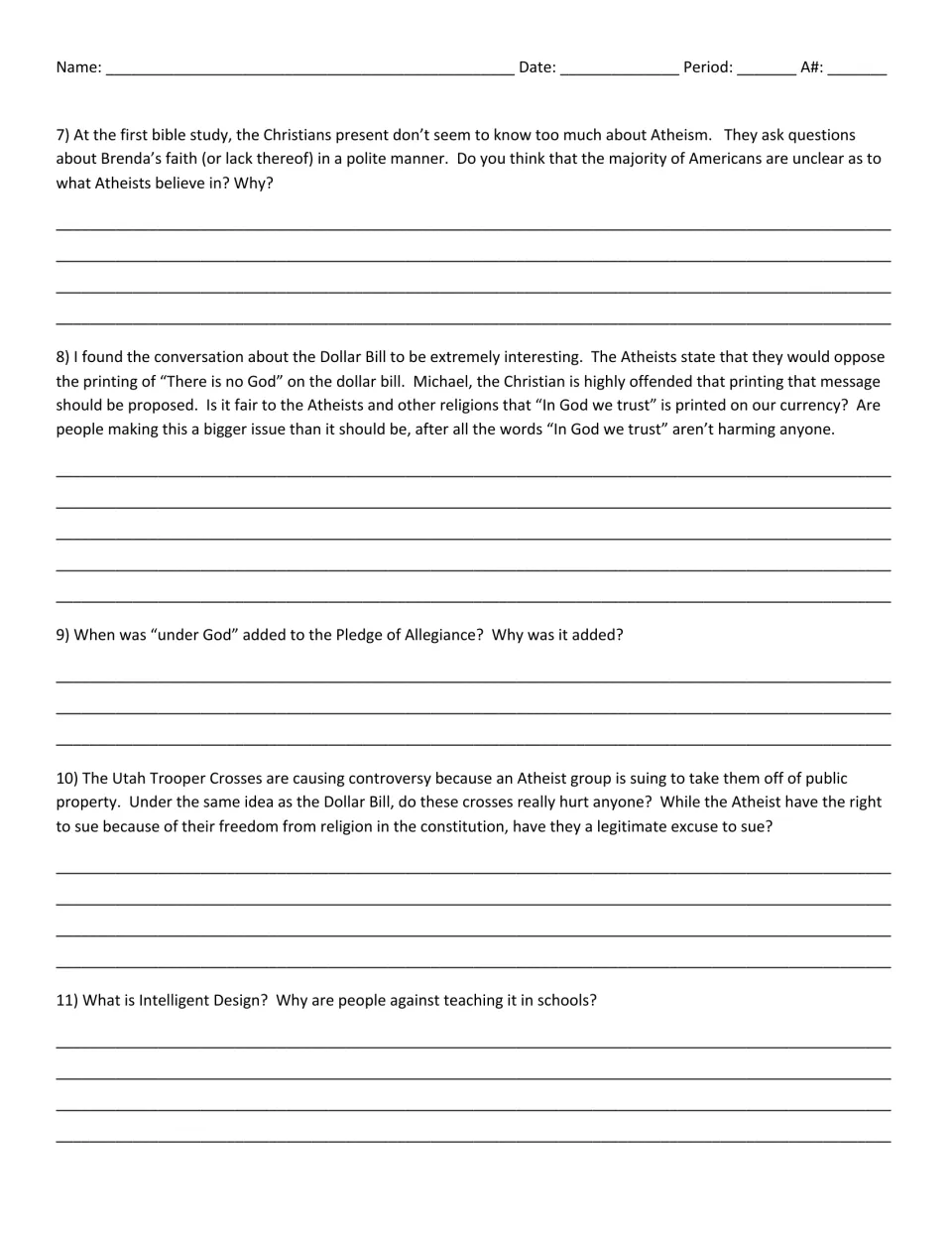 Movie guide questions 7–11 examine atheism, religious wording on currency, the Pledge and intelligent design.