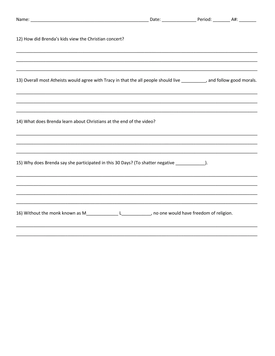 Movie guide questions 12–16 address a Christian concert, good morals, Brenda's lessons and stereotypes.