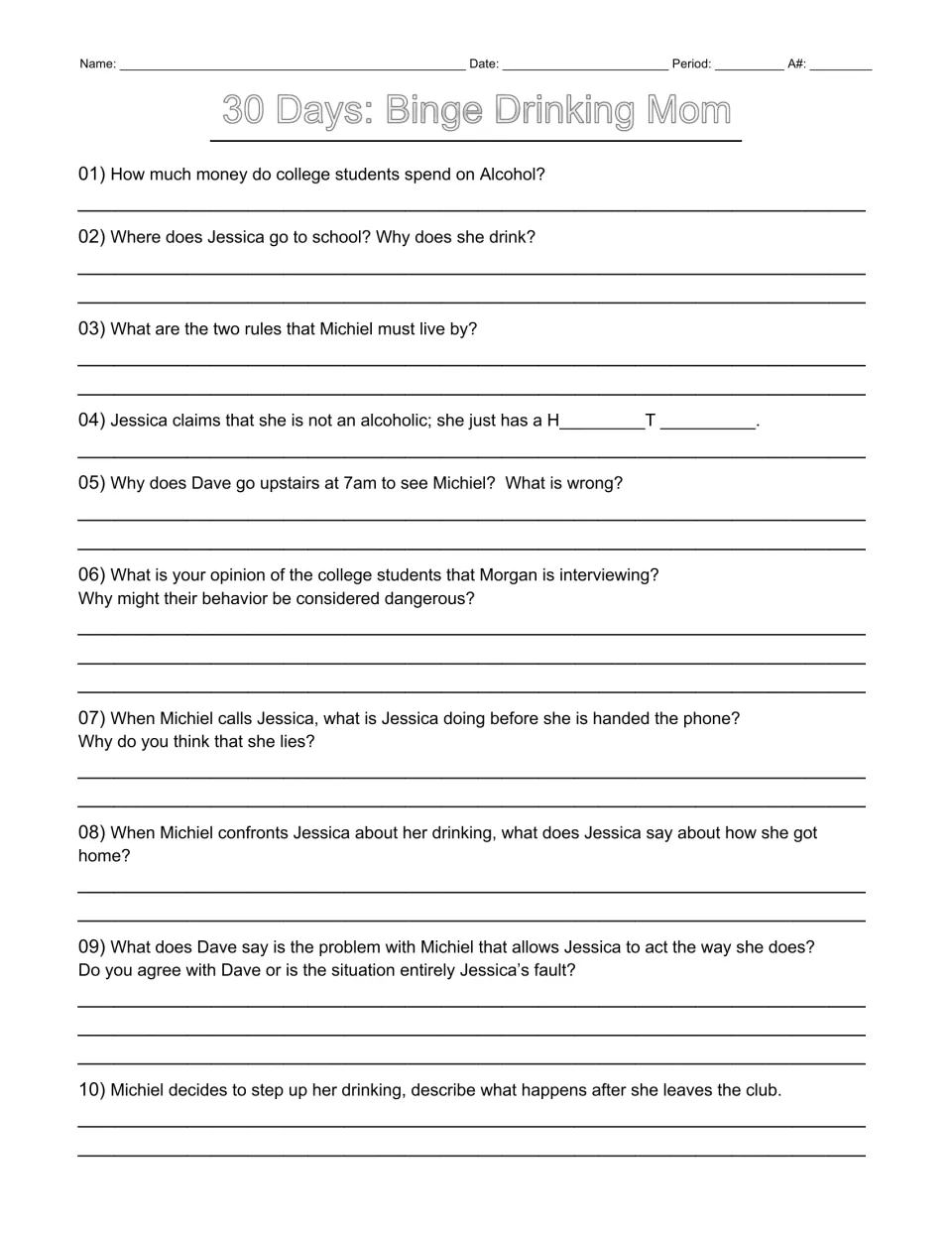 Movie guide questions 1–10 on college alcohol spending, Jessica’s drinking, and Michiel’s experiment.