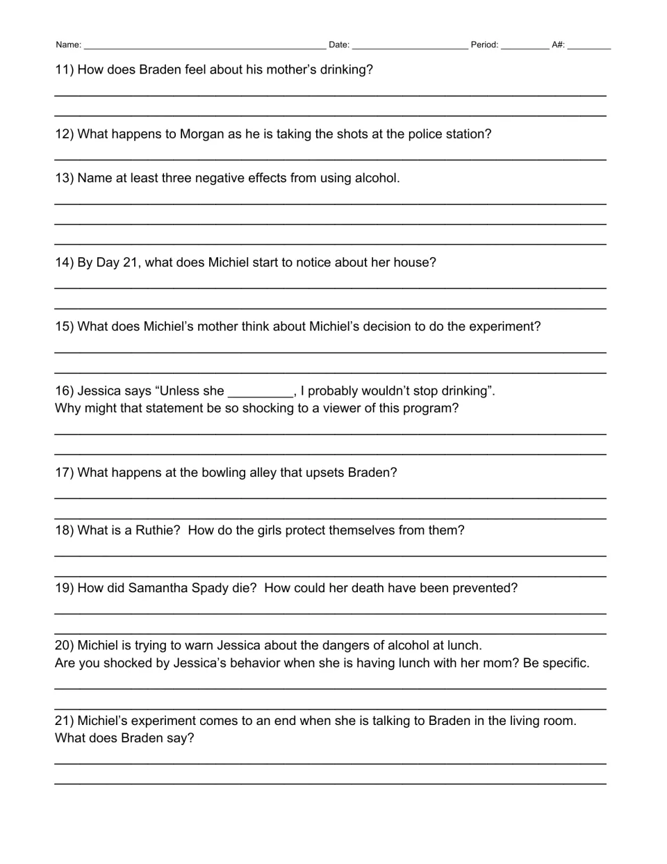 Movie guide questions 11–21 on Braden’s reactions, alcohol’s negative effects, and Samantha Spady’s death.