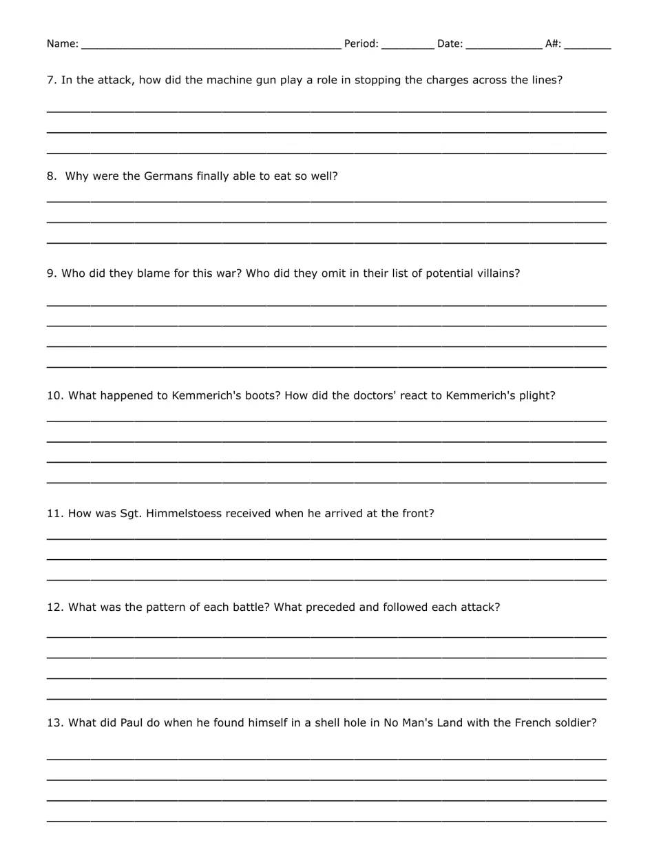 Questions 7-13: students explain machine guns, Kemmerich's boots, battle patterns and Paul's shell-hole encounter