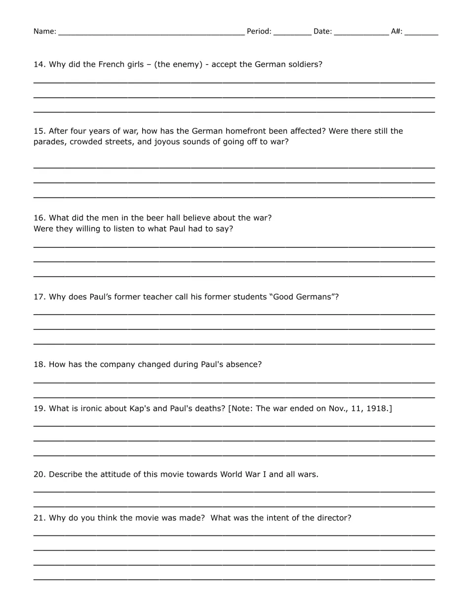 Questions 14-21: students reflect on the home front, the beer hall, the irony of Paul's death and the director's intent