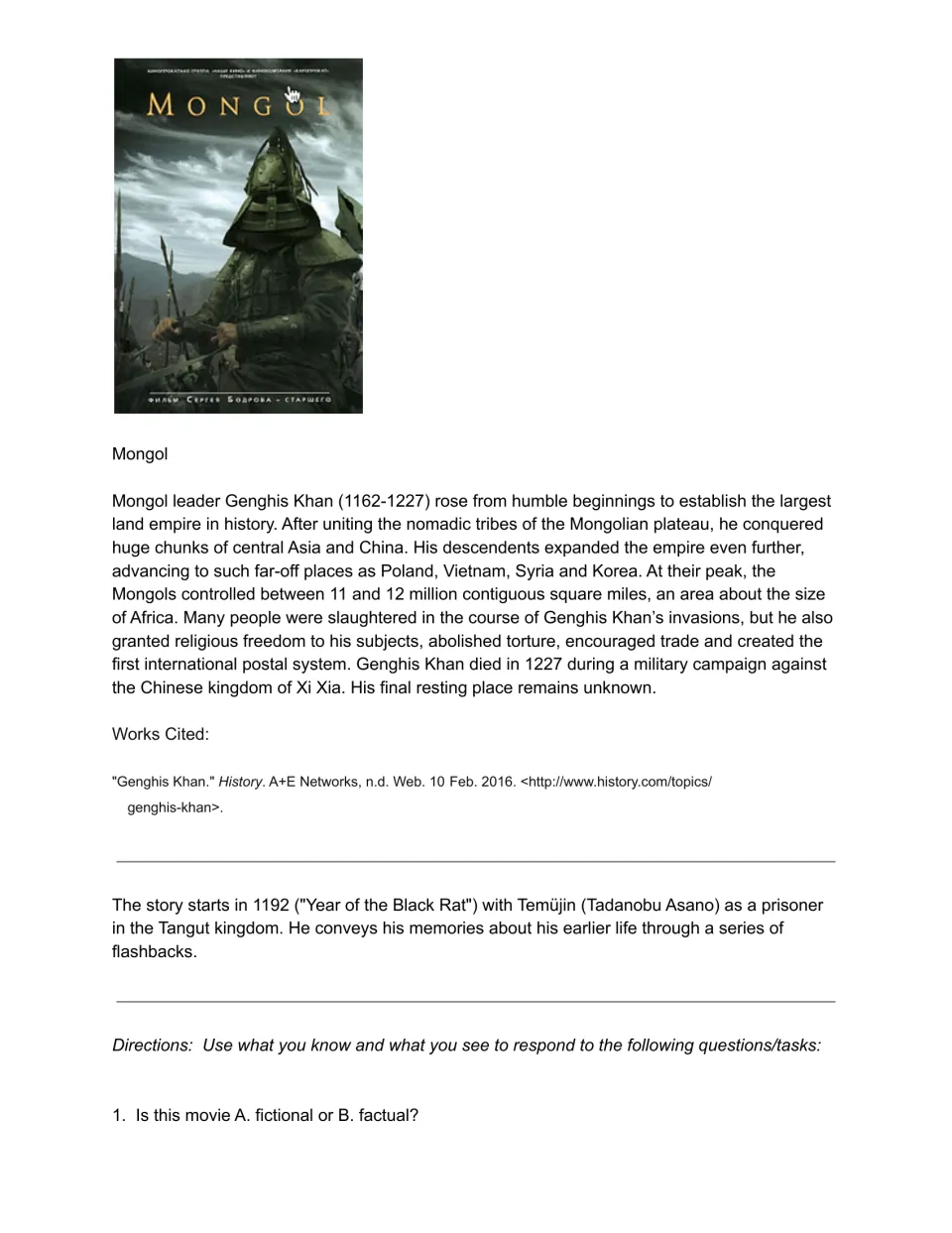 Movie guide introduction: Genghis Khan background, a flashback summary, and a question on fiction versus fact