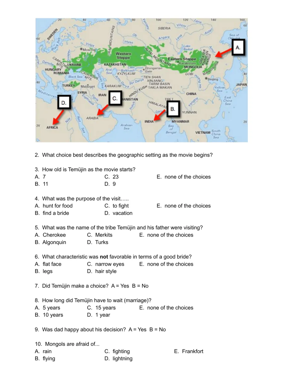 Day 1 movie guide questions 2–10: a geographic setting map, Temüjin’s age, choosing a bride, and Mongol fears