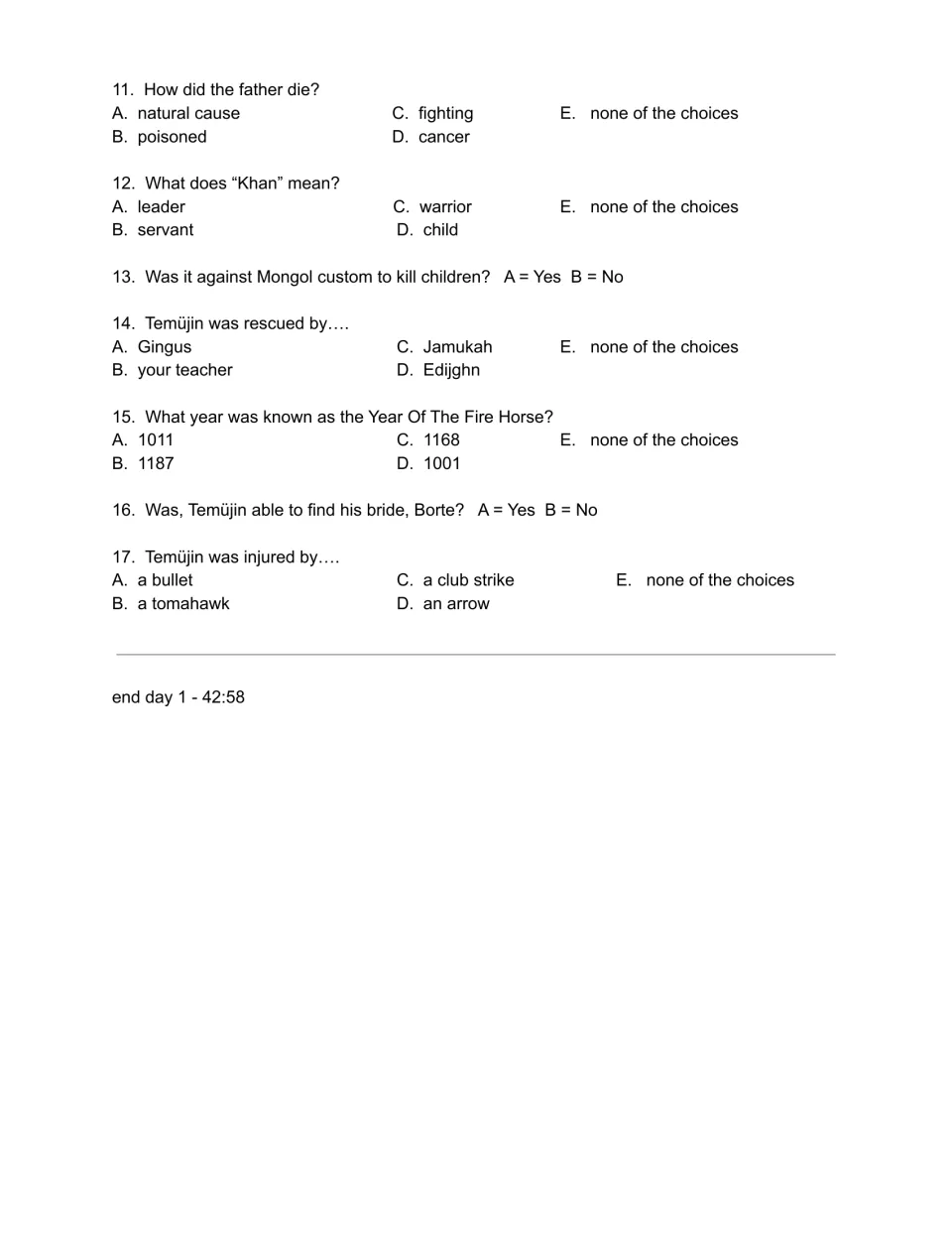 Day 1 movie guide questions 11–17: Temüjin’s father’s death, the meaning of Khan, his rescue, and his injury