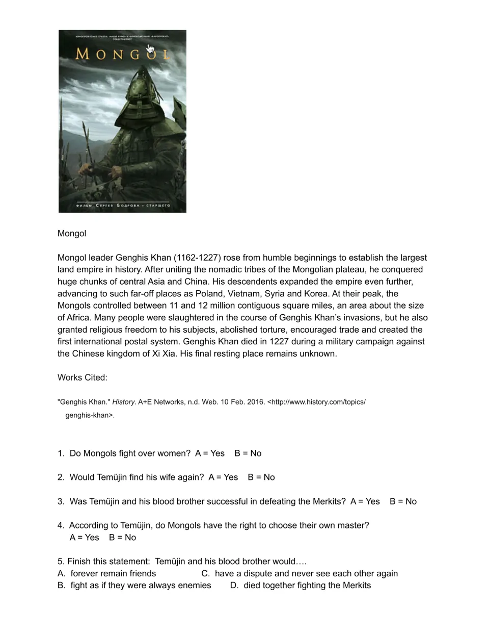 Day 2 movie guide opening: repeated Genghis Khan background and questions 1–5 on his wife and blood brother