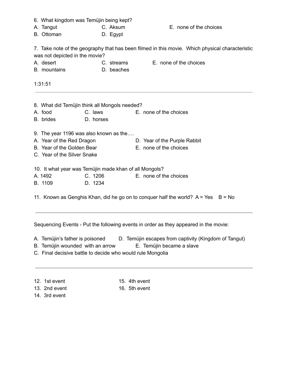 Day 2 movie guide questions 6–16: captivity, geography, laws, becoming khan, and sequencing five events