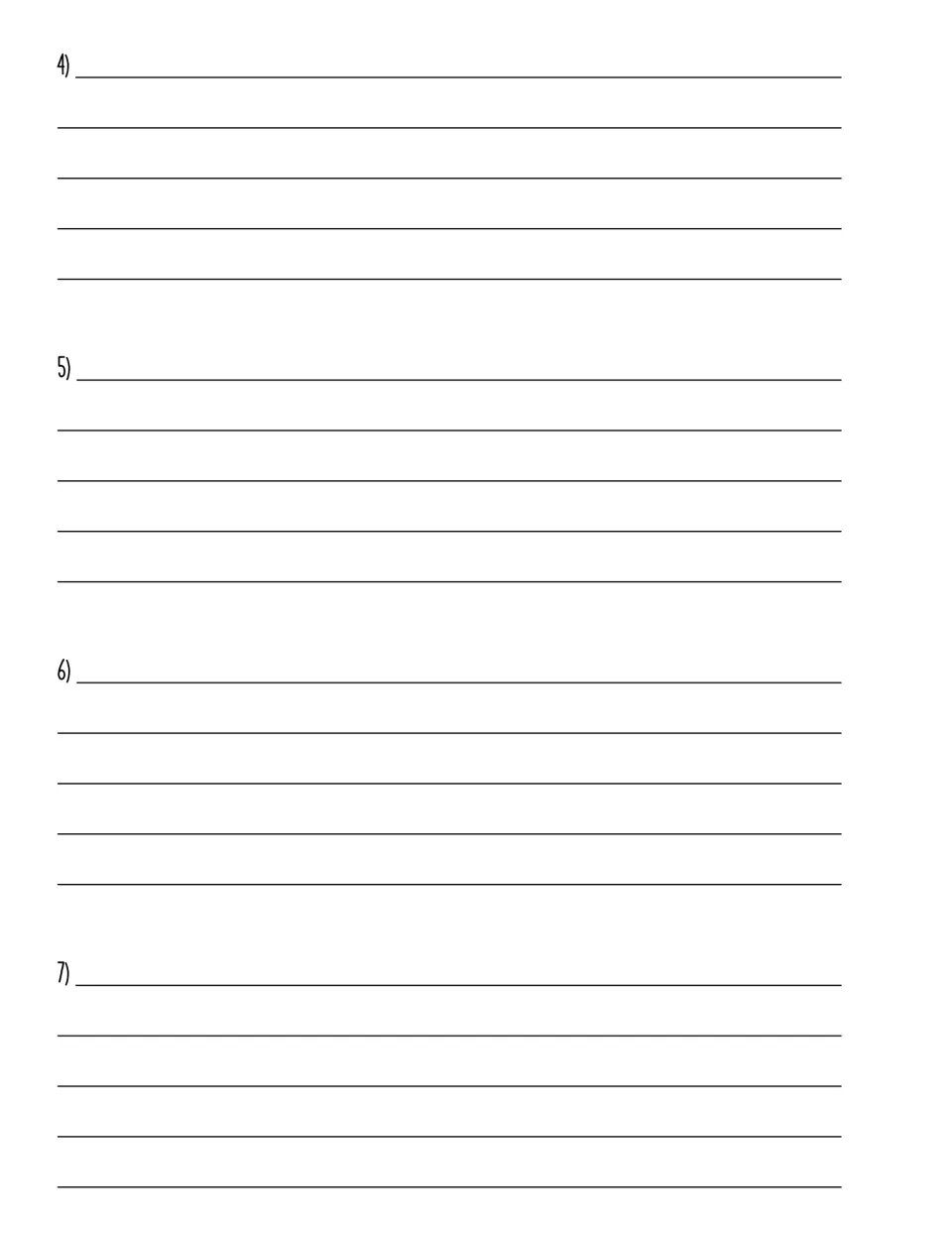 Movie reflection continued: numbered writing spaces 4 to 7 for students' responses to each 10-minute section